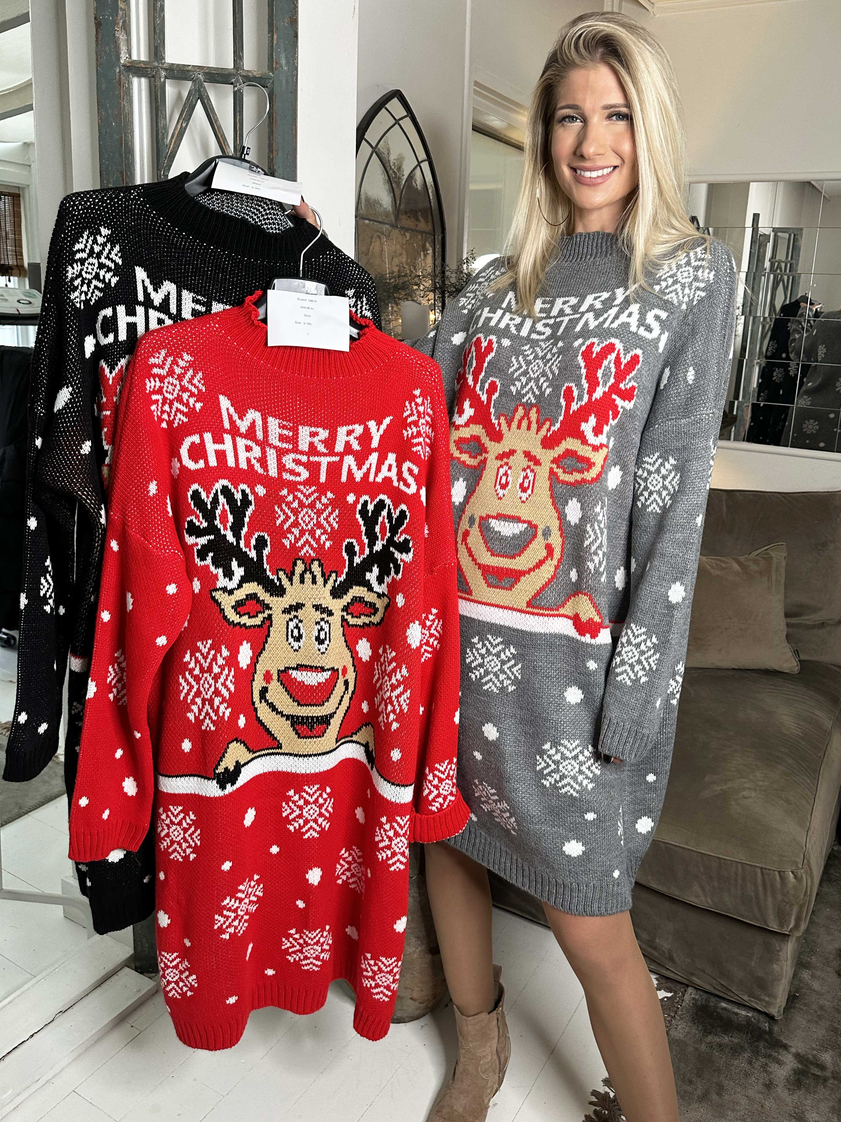 Rudolf - Stickad julklänning med snöflingor och rudolfmotiv